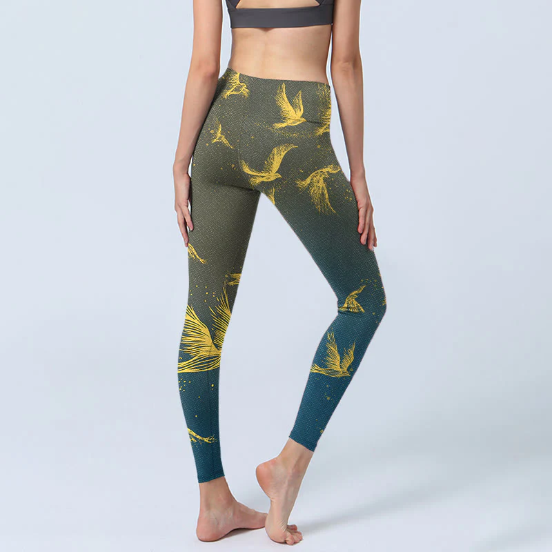 Buddha Stones Golden Flying Birds Print Gym Leggings Women's Yoga Pants