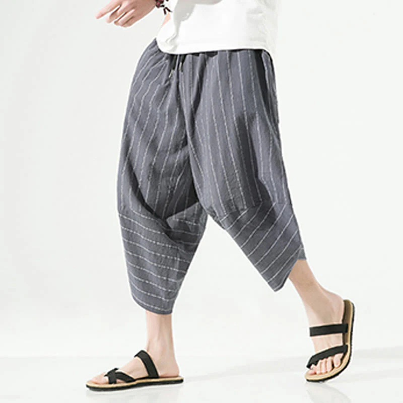 Buddha Stones Casual Plain Stripes Pattern Drawstring Men's 7-8 Length Cotton Linen Harem Pants With Pockets
