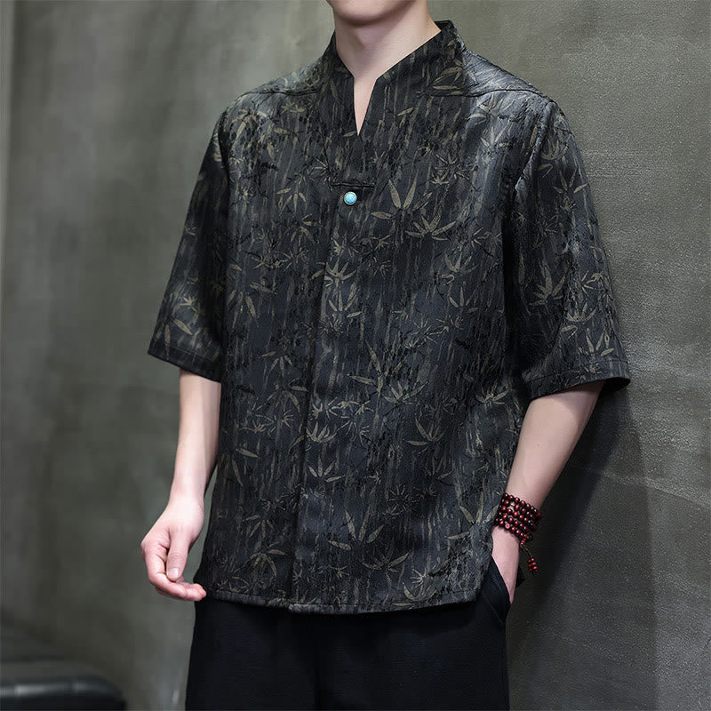 Buddha Stones Summer Golden Bamboo Jacquard Men's Half Sleeve Linen Shirt