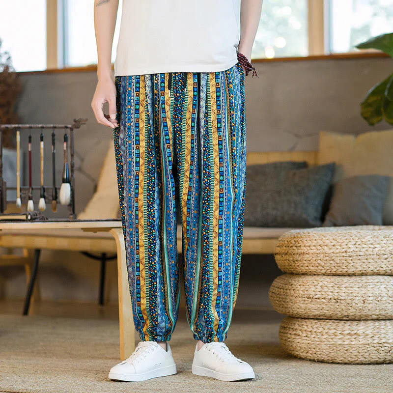 Buddha Stones Colorful Stripes Cotton Linen Men's Ankle-Length Harem Pants With Pockets