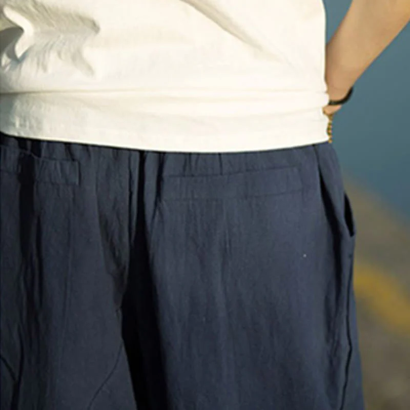 Buddha Stones Summer Plain Pleat Design Drawstring Men's 7-8 Length Cotton Linen Pants With Pockets