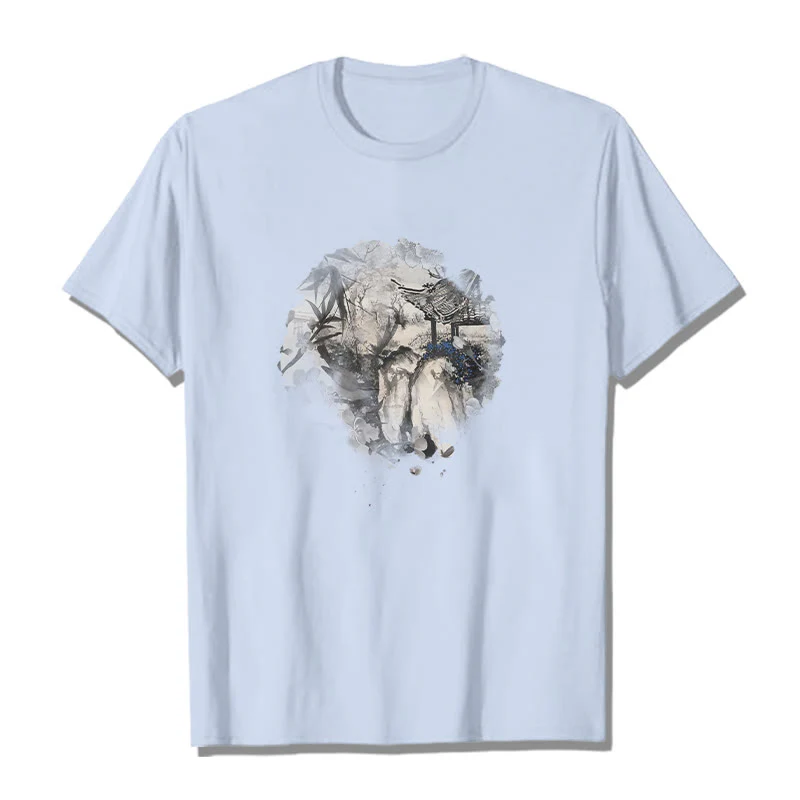 Buddha Stones Chinese Bamboo Mountain Pavilion Design Pattern Tee T-shirt