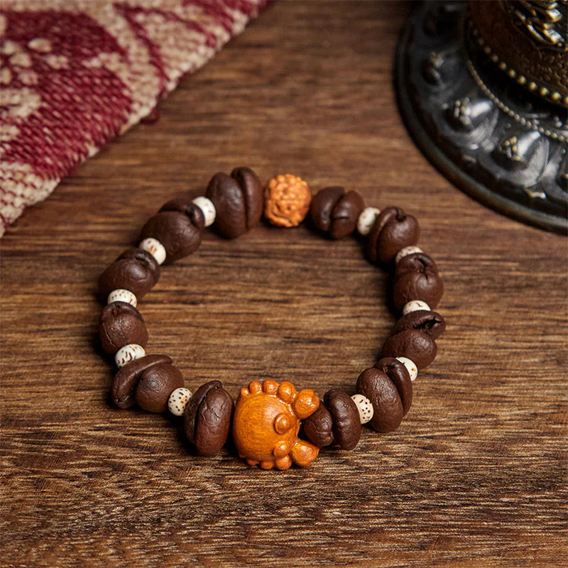 Buddha Stones Handmade Crab Copper Coins Coffee Beans Wenge Wood Bracelet