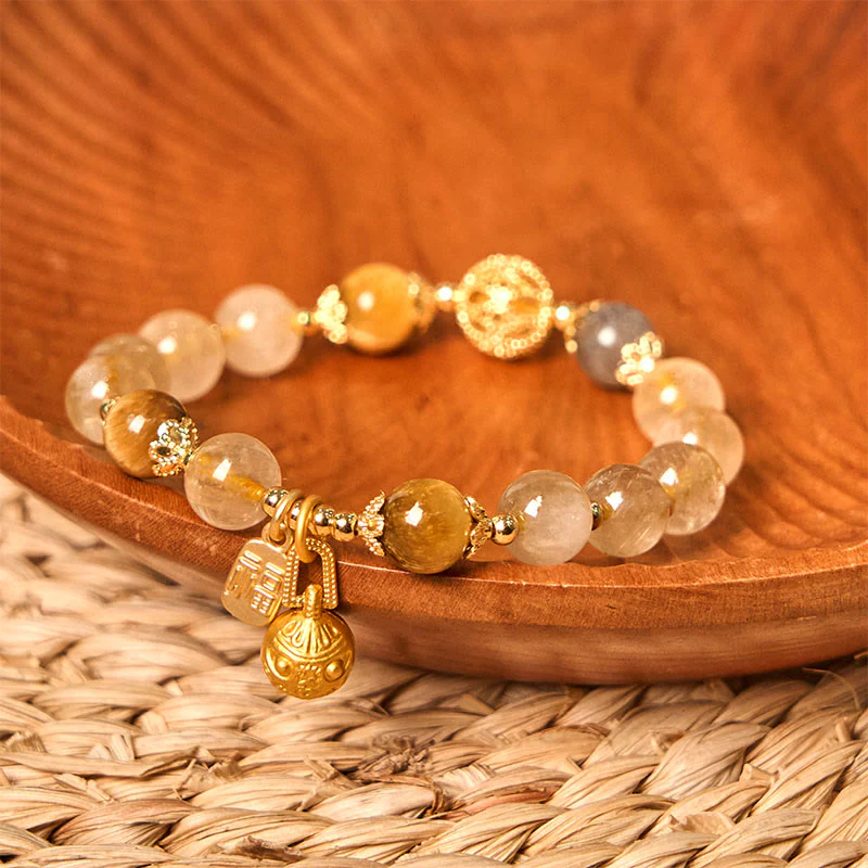 Buddha Stones Natural Rutilated Quartz Fu Character Metal Swallowing Beast Auspiciousness Bracelet