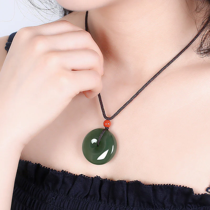 Buddha Stones Natural Round Jade Peace Buckle Prosperity Necklace String Pendant