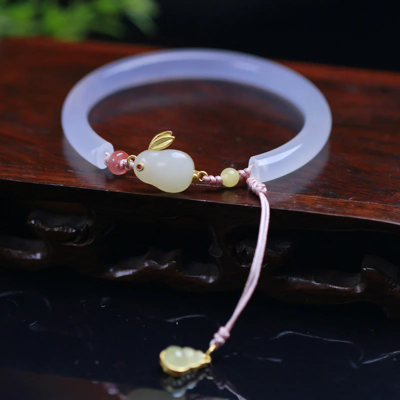 Buddha Stones Natural White Agate Hetian Jade Rabbit Positive Bracelet Bangle
