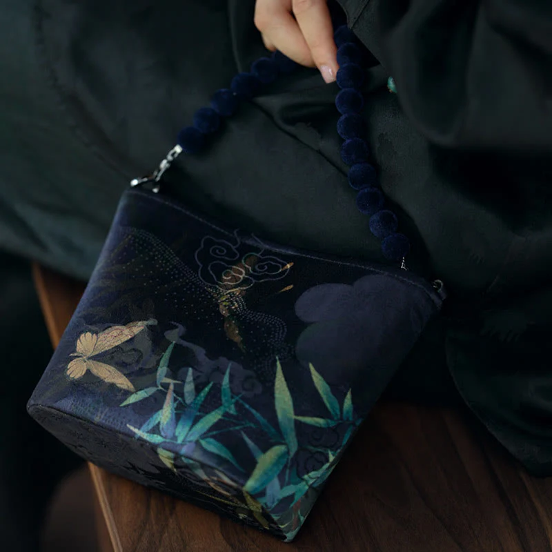 Buddha Stones Small Bamboo Leaves Butterfly Peony Flowers Magpie Metal Chain Crossbody Bag Shoulder Bag Handbag