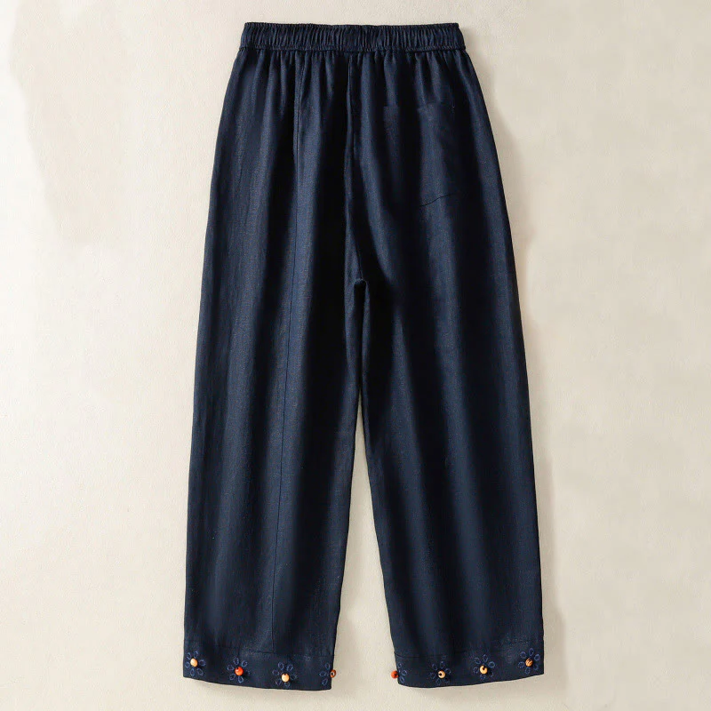 Buddha Stones Casual Embroided Bead Drawstring Women's Wide Leg Cotton Pants With Pockets
