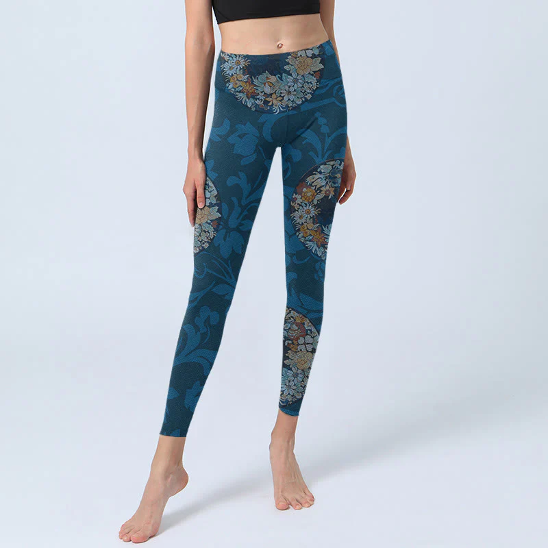 Buddha Stones Dark Blue Flowers In Bloom Print Sports Leggings Women's Yoga Pants