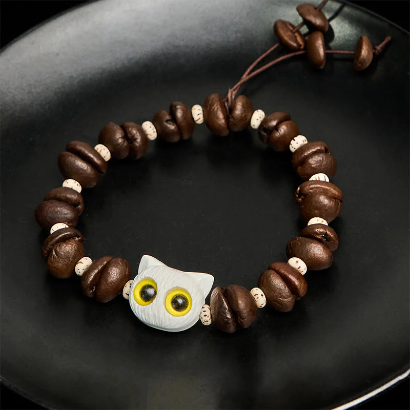 Buddha Stones Handmade Natural Coffee Beans Cat Head Bodhi Seed Claw Paw Peace Bracelet