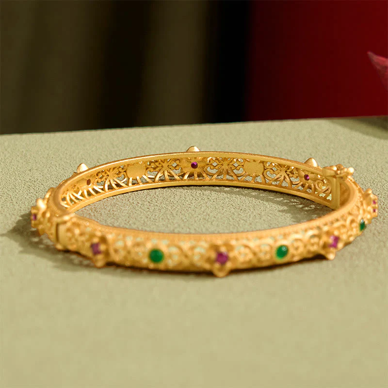 Buddha Stones Hollow Design Copper Plated Gold Flower Luck Bracelet Bangle