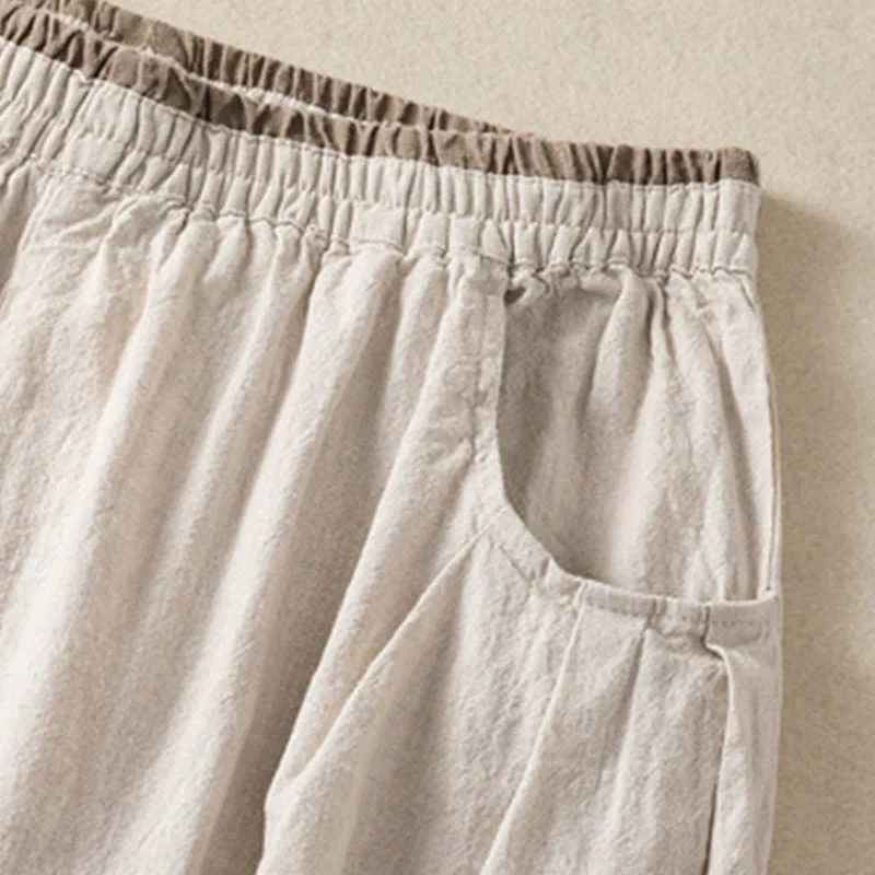 Buddha Stones Vintage Commute Solid Color Simple Design 7-8 Length High Waist Women's Harem Cotton Linen Pants With Pockets