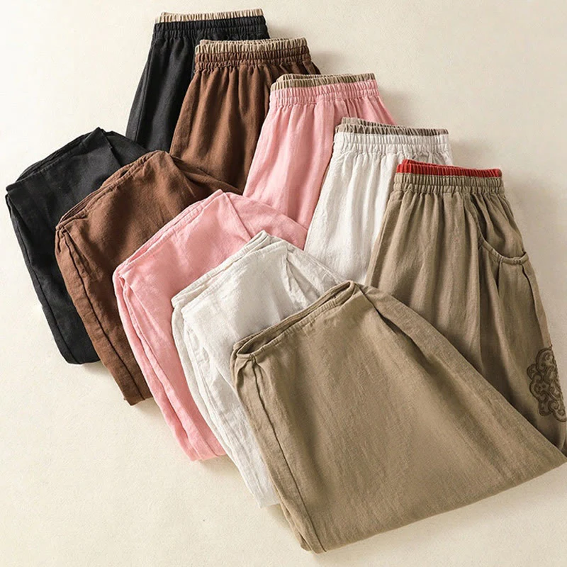 Buddha Stones Casual Embroidery Women's Cotton Linen 7-8 Length Harem Pants With Pockets