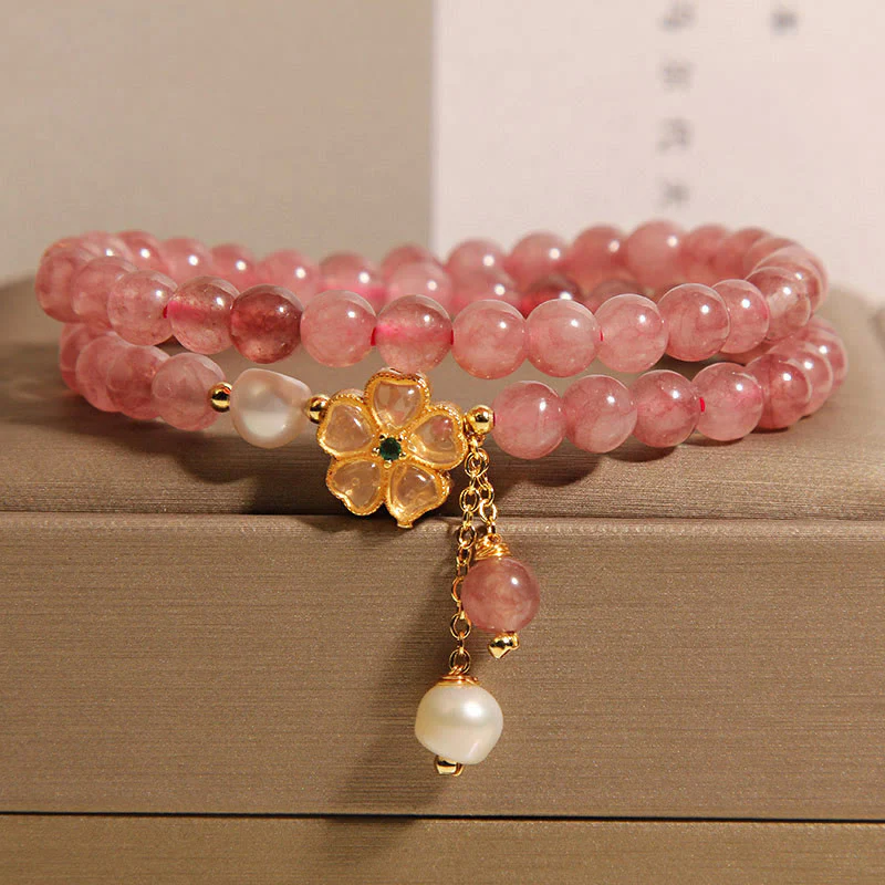 Buddha Stones Strawberry Quartz Four Leaf Clover Double Wrap Design Positive Bracelet