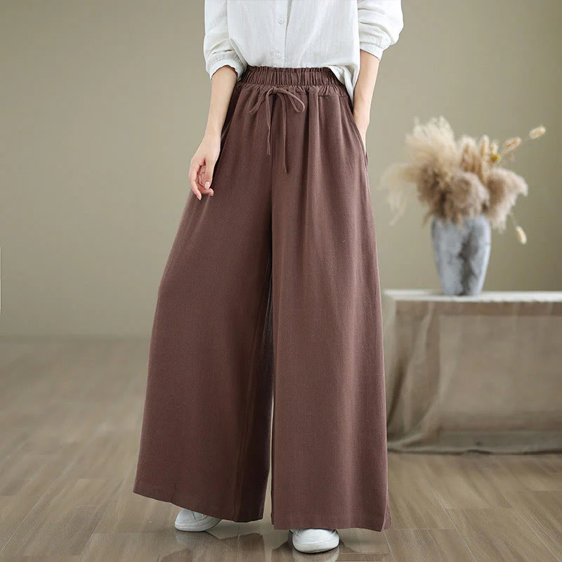 Buddha Stones Commute Plain Simple Lace-Up Design Women's Wide Leg Cotton Linen Pants With Pockets
