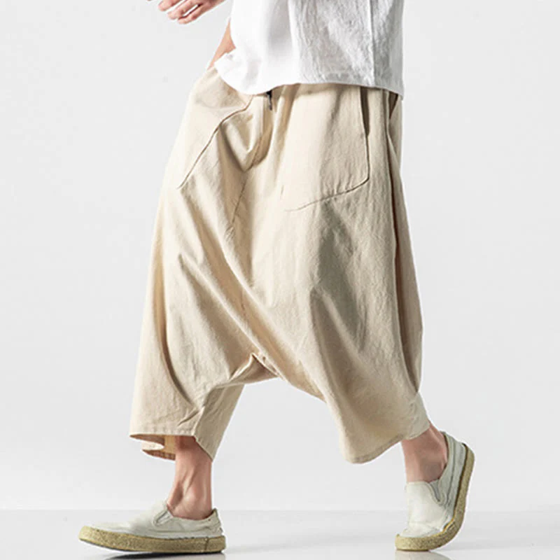 Buddha Stones Casual Low Crotch Design Drawstring Men's 7-8 Length Cotton Linen Wide Leg Pants With Pockets