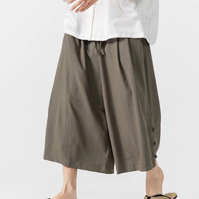 Buddha Stones Casual Loose Frog-Button Plain Men's Cotton 7-8 Length Wide Leg Pants With Pockets