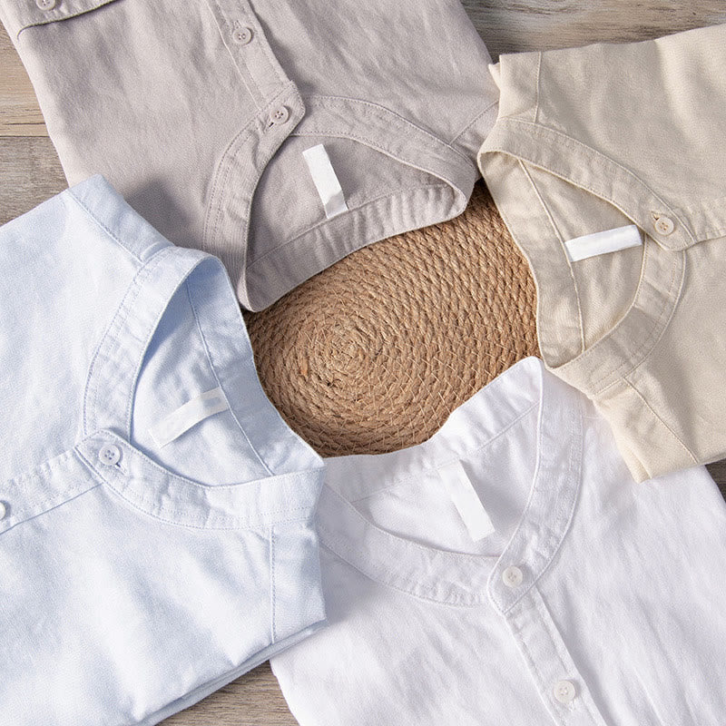 Buddha Stones Casual Daily Simple Buttons Design Stand Collar Men's Short Sleeve Cotton Linen Shirt With Front Pockets