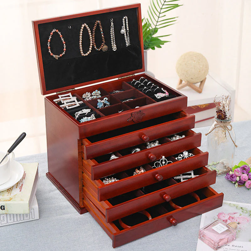 Buddha Stones Large Capacity Vintage Flowers Carved Wooden Jewelry Box Six-Layer Jewelry Storage Box