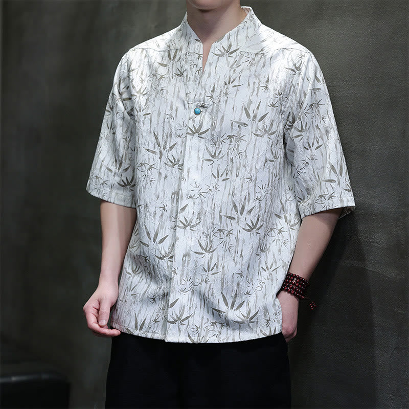 Buddha Stones Summer Golden Bamboo Jacquard Men's Half Sleeve Linen Shirt