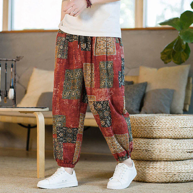 Buddha Stones Summer Square Patchwork Cotton Linen Men's Ankle-Length Harem Pants With Pockets