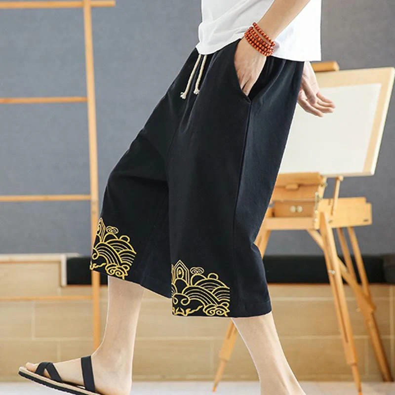 Buddha Stones Spring Casual Embroidery Drawstring Men's 7-8 Length Cotton Linen Harem Pants With Pockets
