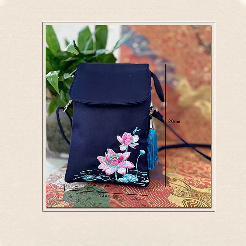 Buddha Stones Waterproof Handmade Embroidered Lotus Flowers Crossbody Bag Shoulder Bag Cellphone Bag