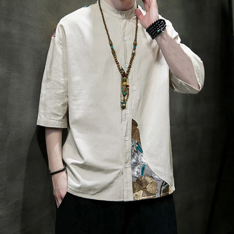 Buddha Stones Embroidery Patchwork Simple Design Three Quarter Sleeve Men's Cotton Linen Shirt
