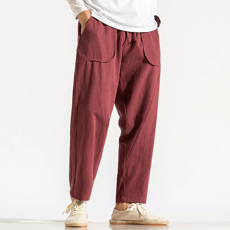 Buddha Stones Retro Casual Drawstring Design Men's Harem Cotton Plain Pants With Pockets