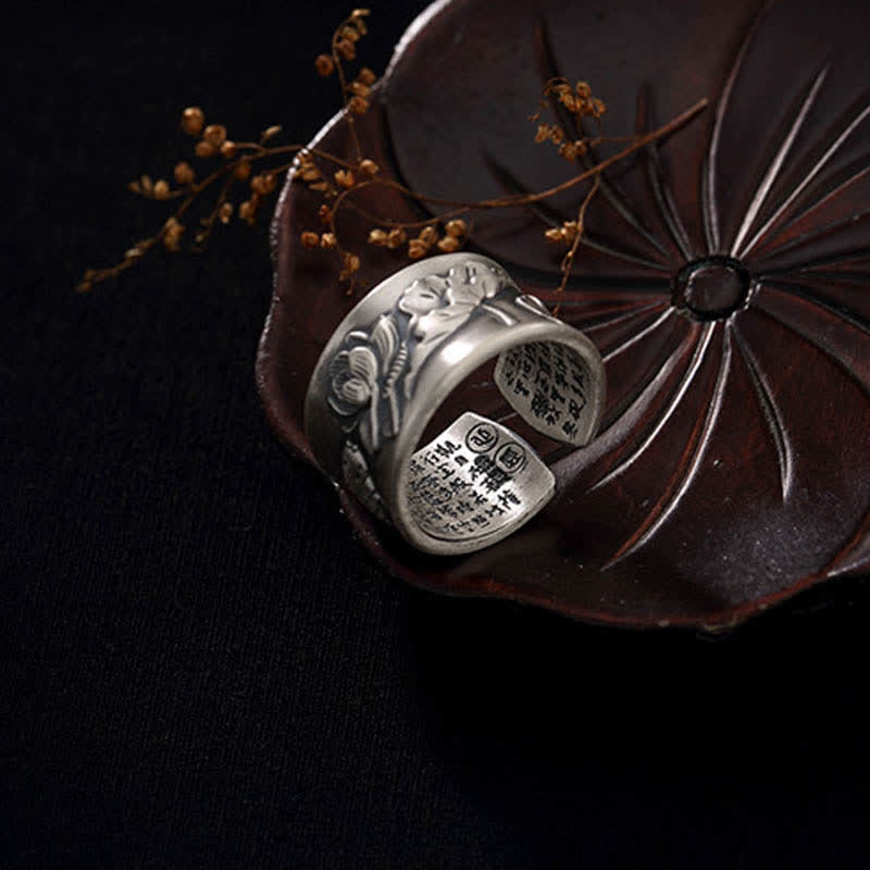 Buddha Stones 999 Sterling Silver Luck Koi Fish Lotus Heart Sutra Wealth Ring