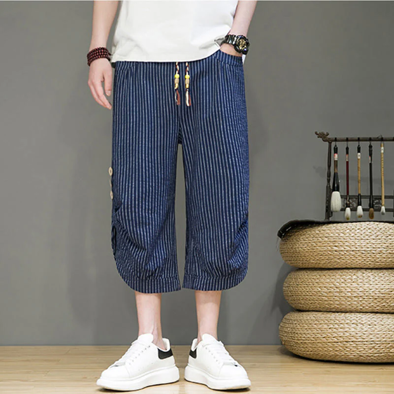 Buddha Stones Casual White Stripes Pattern Drawstring Button Design Men's Cotton Cropped Harem Pants With Pockets