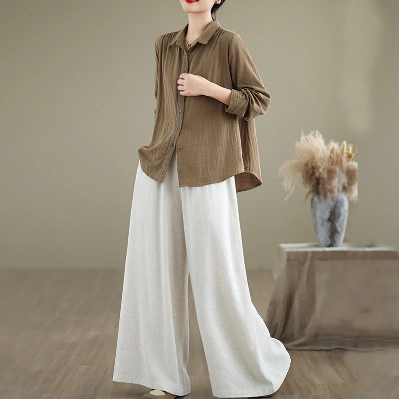 Buddha Stones Commute Plain Simple Lace-Up Design Women's Wide Leg Cotton Linen Pants With Pockets