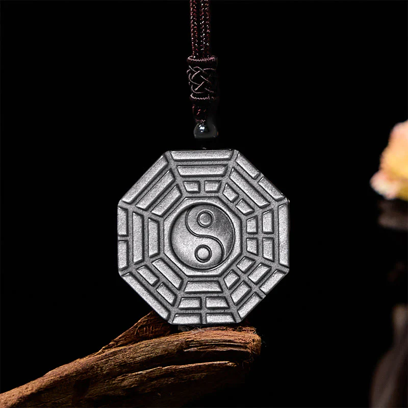 Buddha Stones Silver Sheen Obsidian Bagua Yin Yang Symbol Protection Necklace Pendant