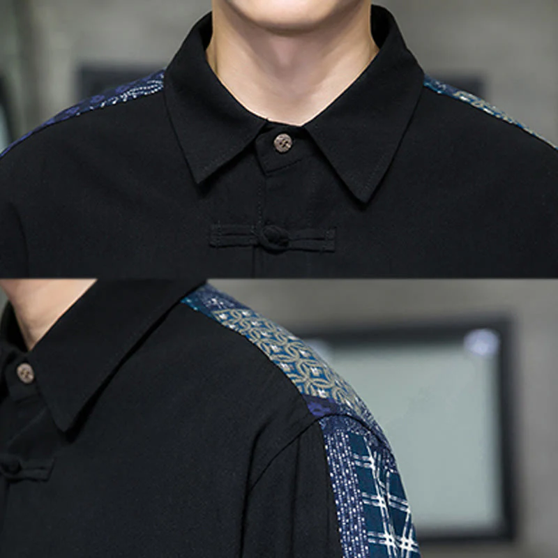 Buddha Stones Men's Flower Pattern Stitching Cotton Blend Long Sleeve Shirt