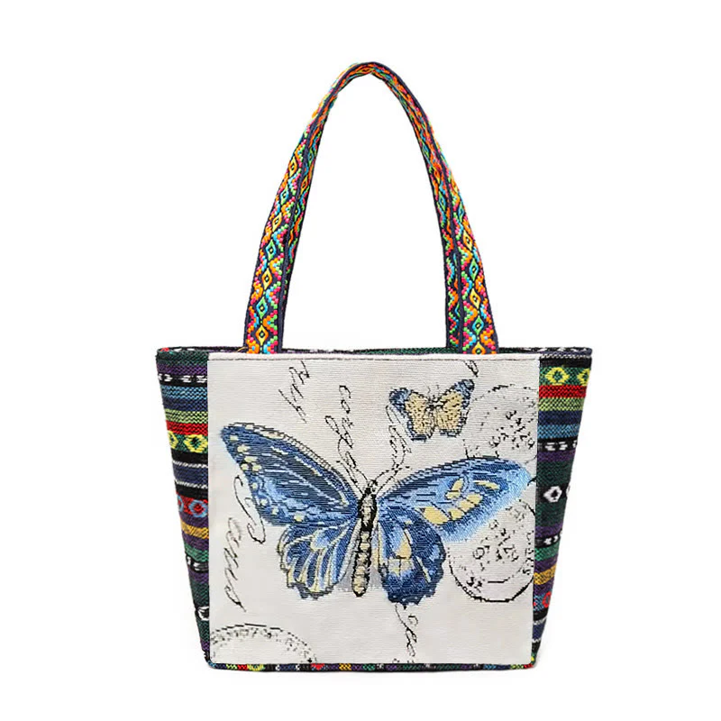 Buddha Stones Elephant Butterfly Embroidered Large Capacity Canvas Tote Bag Shoulder Bag