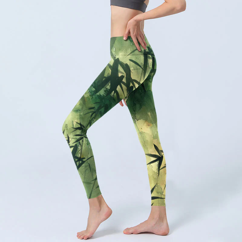 Buddha Stones Ink Blooming Bamboo Pattern Print Gym Leggings Women's Yoga Pants