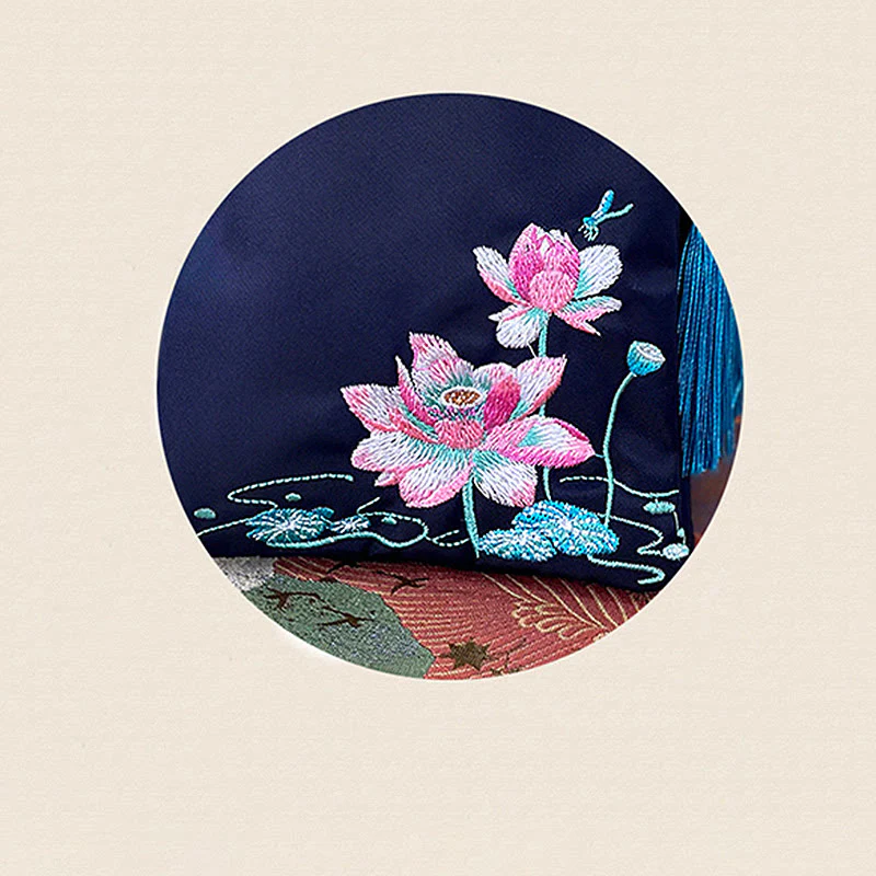 Buddha Stones Waterproof Handmade Embroidered Lotus Flowers Crossbody Bag Shoulder Bag Cellphone Bag