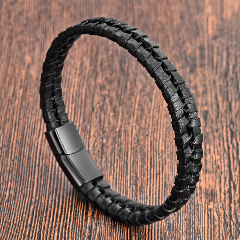 Buddha Stones Simple Braided Pattern Titanium Steel Strengthen Multi-layer Leather Buckle Bracelet