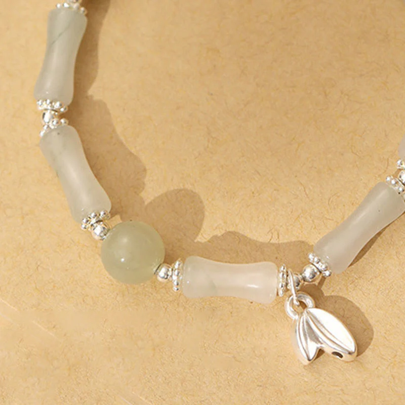Buddha Stones 925 Sterling Silver Natural Tianshan Jade Bamboo Charm Luck Bracelet