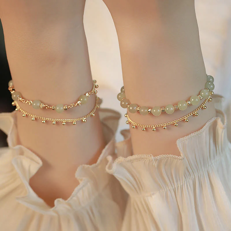 Buddha Stones 14K Gold Plated 2 Layers Hetian Jade Bead Luck Prosperity Bracelet