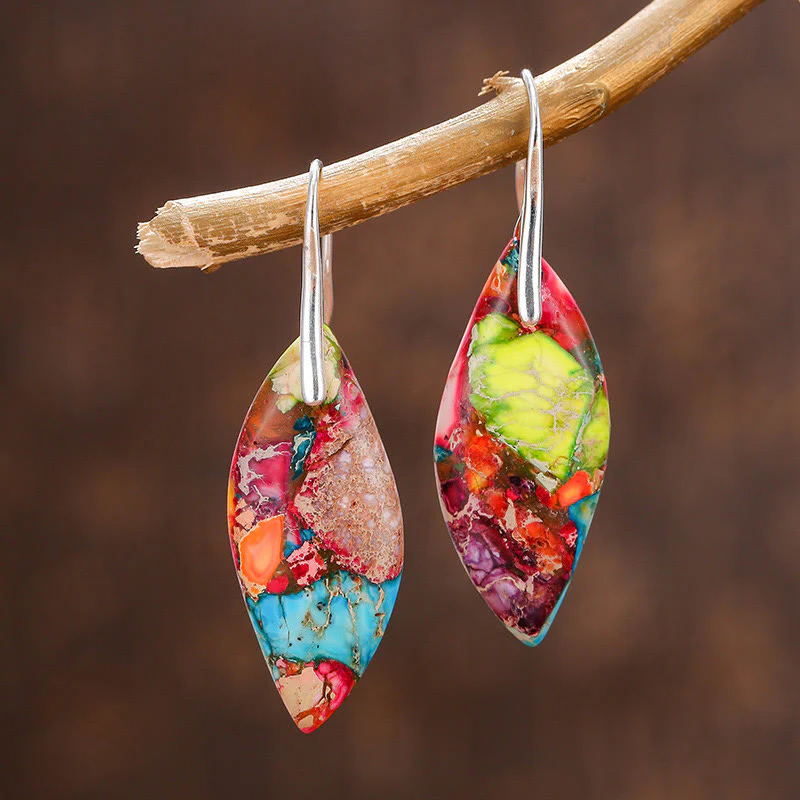 Buddha Stones Natural Emperor Stone Water Drop Leaf Shape Happiness Earrings