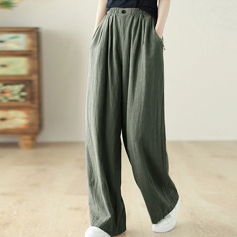 Buddha Stones Commute Button Design Women's Cotton Linen Elastic Waistband Pants With Pockets