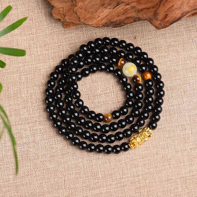 Buddha Stones Chinese Zodiac Obsidian PiXiu Protection Mala Bracelet