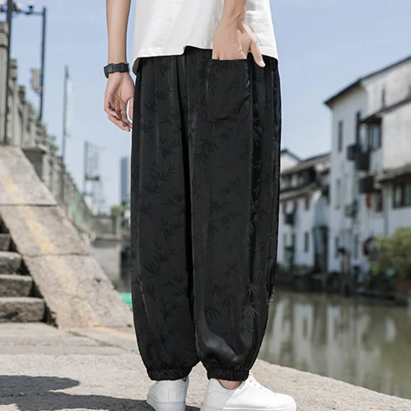 Buddha Stones Summer Ice Silk Jacquard Bamboo Pattern Men's Drawstring Cotton Pants With Pockets