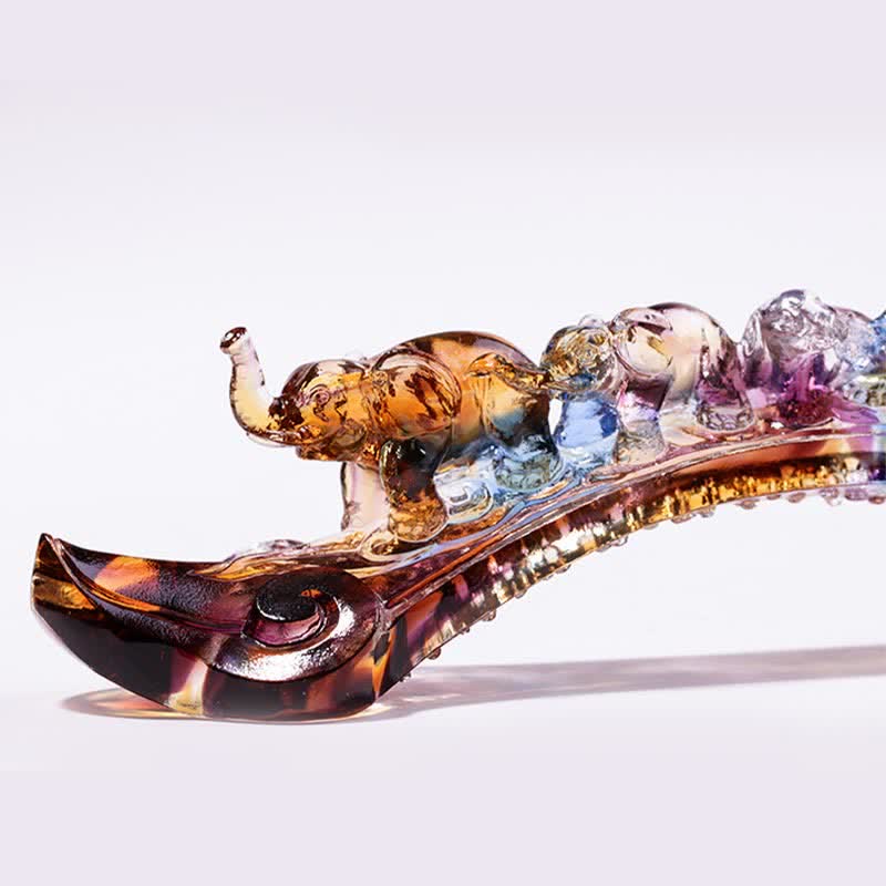 Buddha Stones Handmade Liuli Crystal Ruyi Elephant Art Piece Home Decoration With Crystal Base