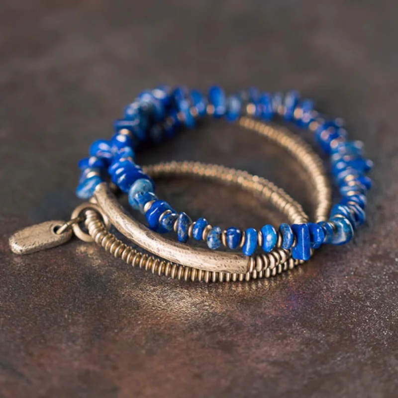 Buddha Stones Irregular Shape Triple Wrap Lazurite Balance Bracelet