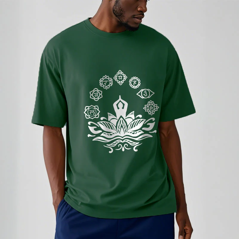 Buddha Stones Casual Meditating Figure Lotus Flower Seven Chakras Pattern Cotton Tee T-Shirt