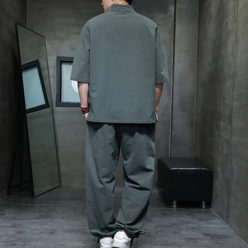 Buddha Stones 2Pcs Tang Suit Frog-Button Design Shirt Pants With Pockets Men's Cotton Linen Meditation Cloth Set