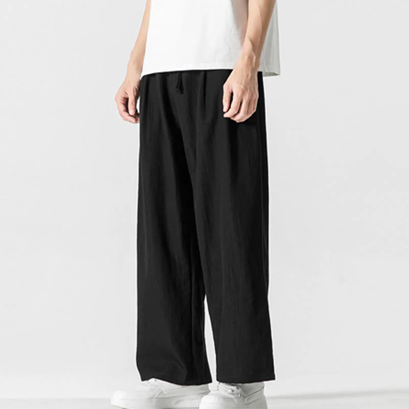 Buddha Stones Summer Casual Plain Straight Leg Design Men's Cotton Linen Drawstring Pants With Pockets