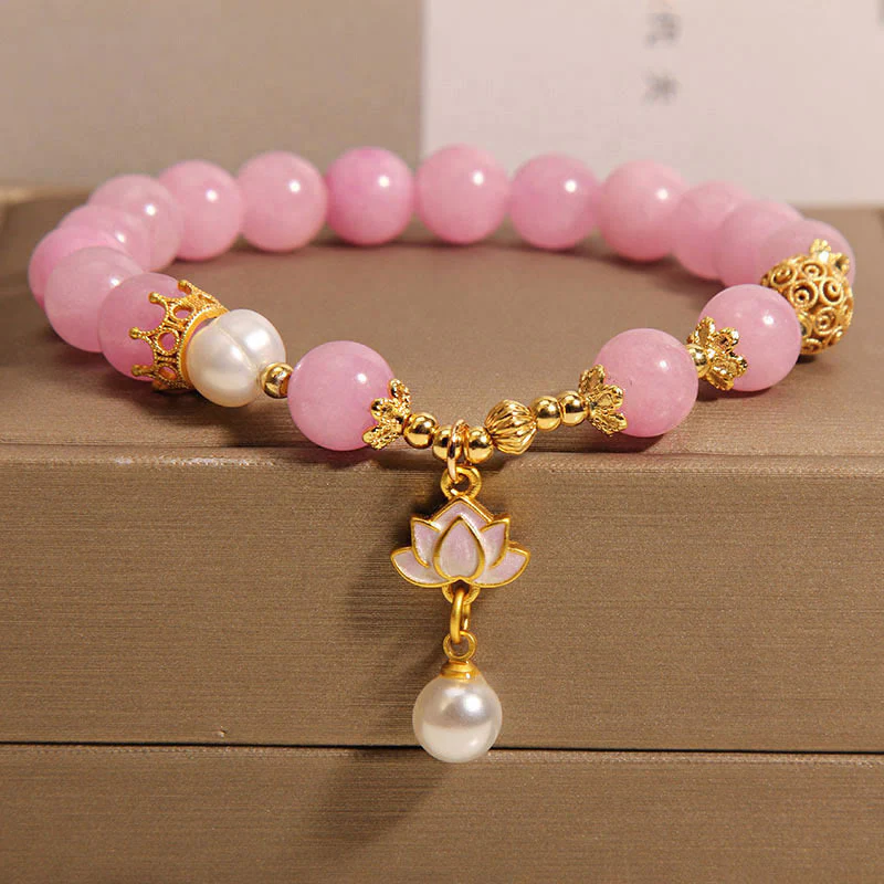 Buddha Stones Pink Quartzite Pearl Lotus Charm Harmony Bracelet